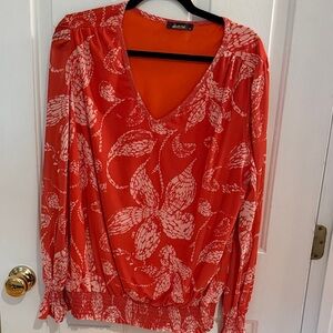 Amazon Vibrant Orange and Cream Floral V-Neck Blouse